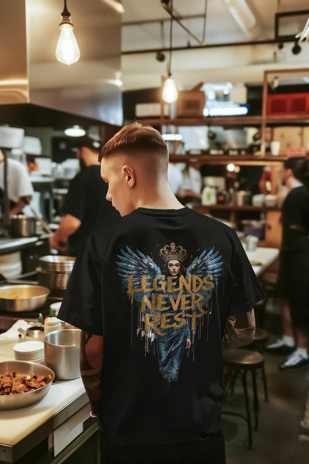 Legends Never Rest Streetwear T-Shirt – Graffiti Motivation Tee with Wings & Crown | WLDRA Urban Hustle Apparel WLDRA